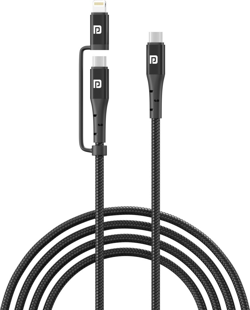 Portronics Lightning Cable 2 A 1.2 m Konnect J6 60W 2-in-1 (Type C to 8 PIN + Type-C)  (Compatible with Smartphones, Tablet, Black, One Cable)